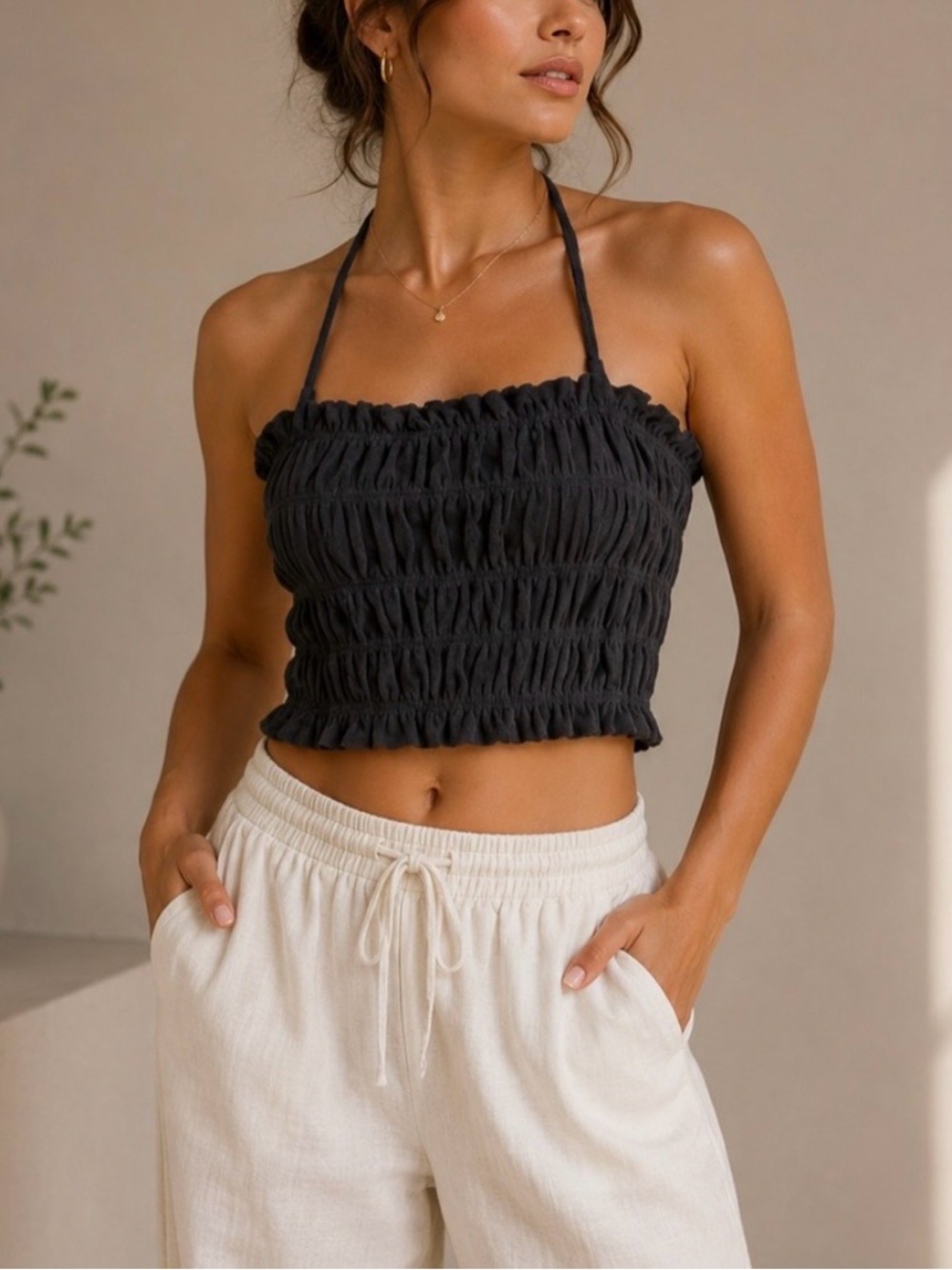 H&M Smocked Terry Halter Top – Sz L NWT